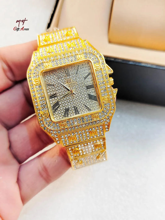 Luxury Rhinestone Gold Watch for Women Men