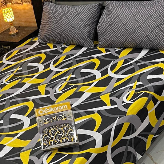 Double Bed Sheet Set Cotton Salonica Black Yellow White Gray