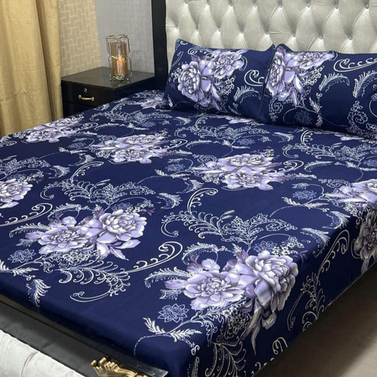 Crystal Cotton Printed Blue Double Bed Sheet Set with Pillow Covers
